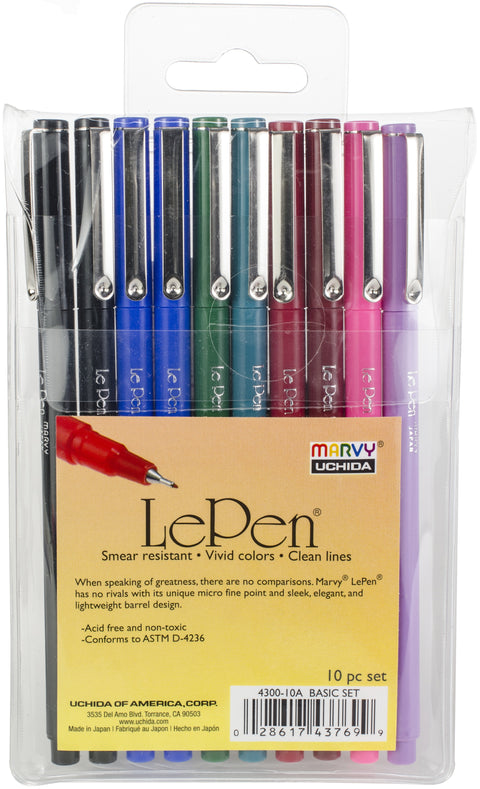Uchida Le Pen .03mm Point 10/Pkg-Assorted Colors