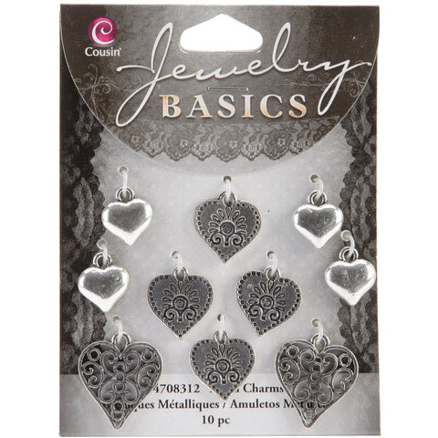 Jewelry Basics Metal Charms-Silver Hearts 10/Pkg
