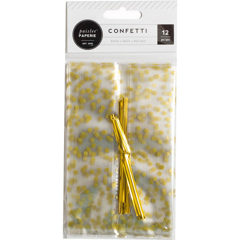 Pink Paislee Confetti Cellophane Treat Bags 12/Pkg-W/Gold Accents & Ties