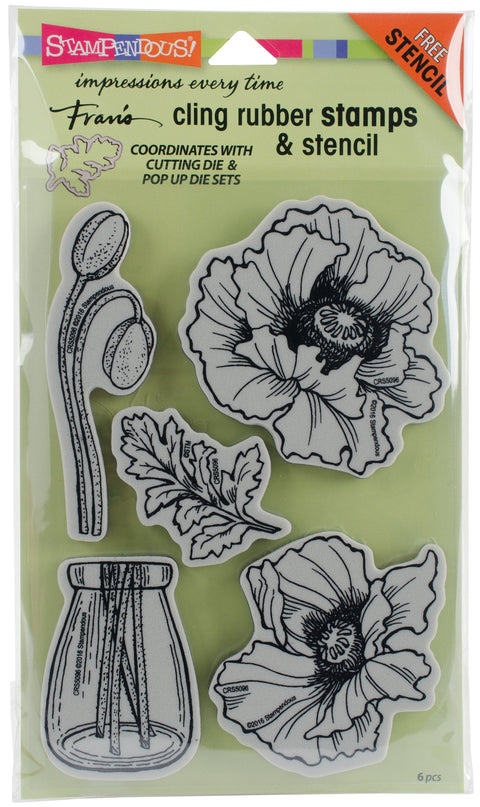 Stampendous Cling Stamp W/ Template Set-Pretty Poppies