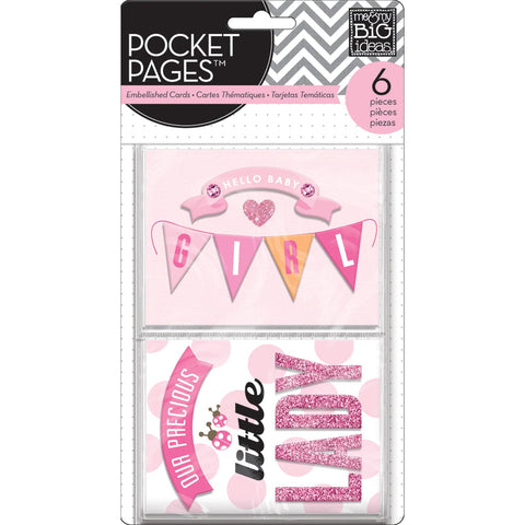 Me & My Big Ideas Pocket Pages Themed Embellished Cards 6/Pk-Hello Baby Girl