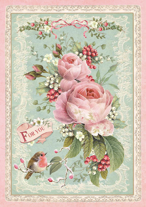 Stamperia Rice Paper Sheet A4-Pink Christmas Rose