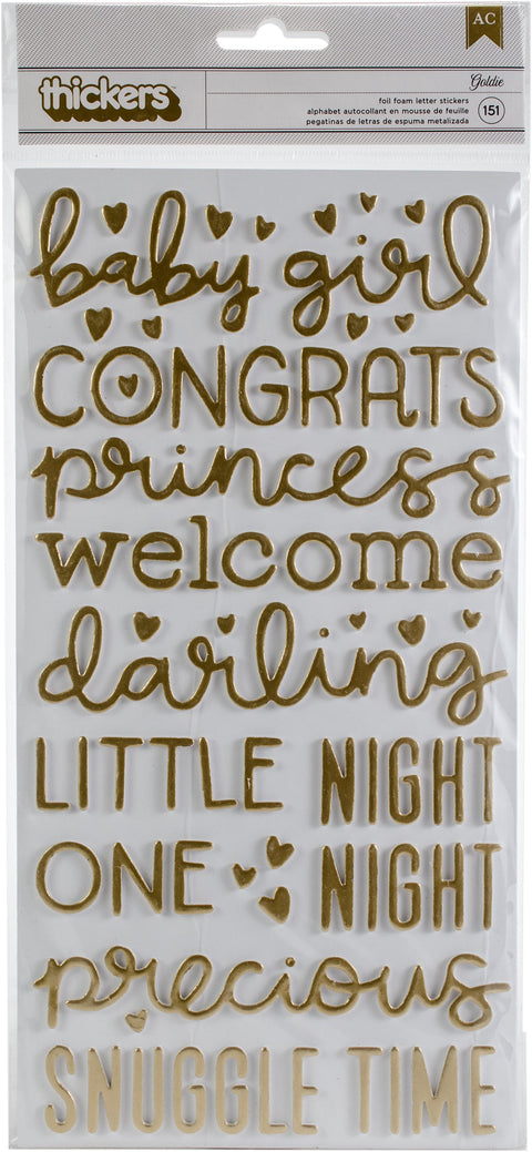 Night Night Baby Girl Thickers Stickers 5.5"X11" 151/Pkg-Words & Numbers/Gold