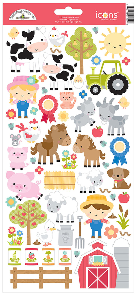 Doodlebug Cardstock Stickers 6"X13"-Down On The Farm Icons