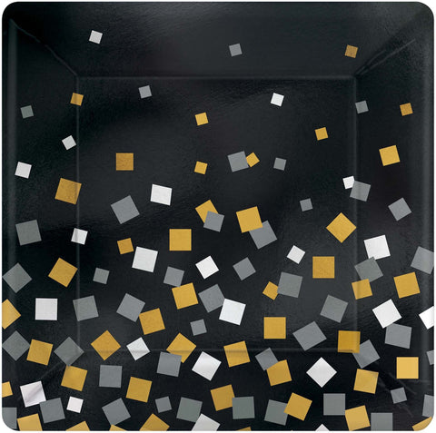 Sparkling Confetti Square Metallic Paper Plate 10" 8/Pkg-Metallic Black, Gold &
