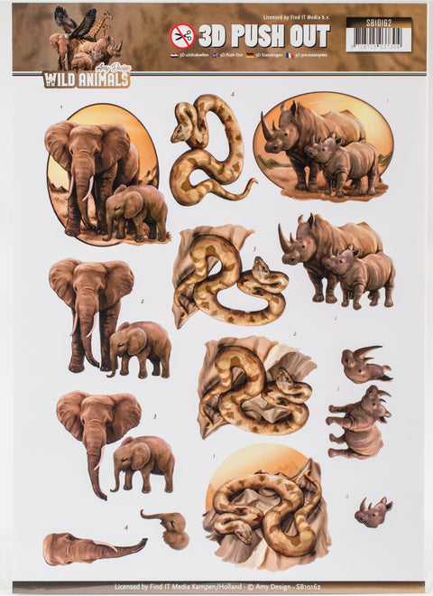 Find It Amy Design Wild Animals Punchout Sheet-#3 Elephant, Snake & Rhino