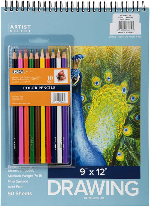 Artist Select Drawing Pad 9"X12" & 10pc Color Pencil Set-50 Sheets