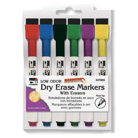 Magnetic Dry Erase Markers with Erasers, Pack of 6, Bundle of 6 Packs