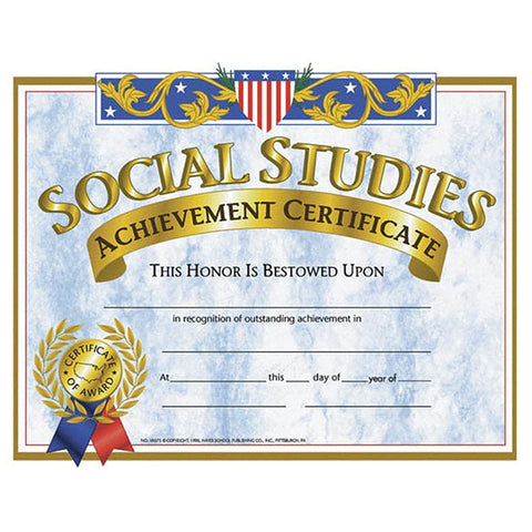 Social Studies Achievement Certificate, 8.5" x 11", Pack of 30