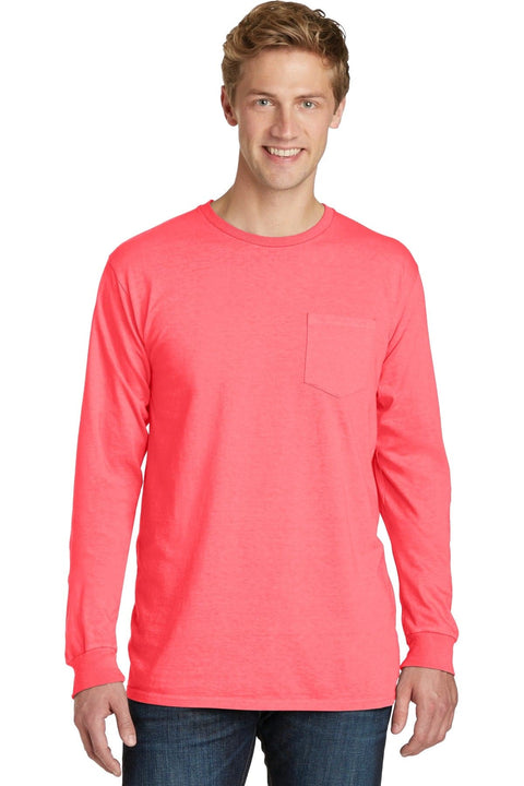 Port & Company &#174;  Beach Wash &#174;  Garment-Dyed Long Sleeve Pocket Tee  PC099LSP 3XL Neon Coral